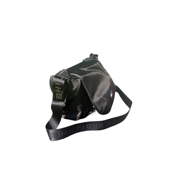 Tommy Hilfiger Womens OS/TU Satchel Flap Shoulder Bag Black Nylon White Red Logo - Picture 4 of 7